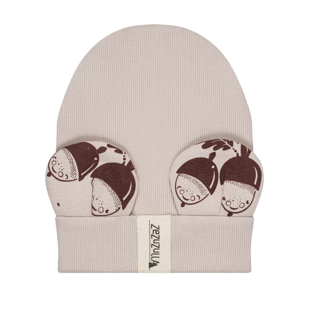 Dziecięca Czapka Prążkowana typu Beanie z Uszkami Beżowa
