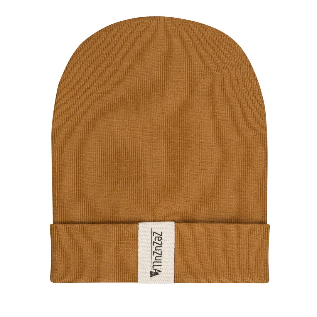 Dziecięca Czapka Prążkowana typu Beanie Jasnobrązowa
